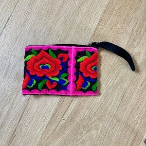 Anthropologie Wristlet Clutch Wallet Pouch Embroidered Floral Multicolor Zipper